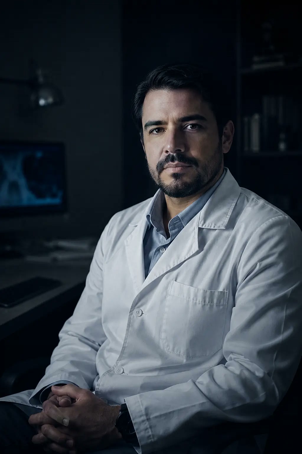 Médico de jaleco sentado em seu consultório